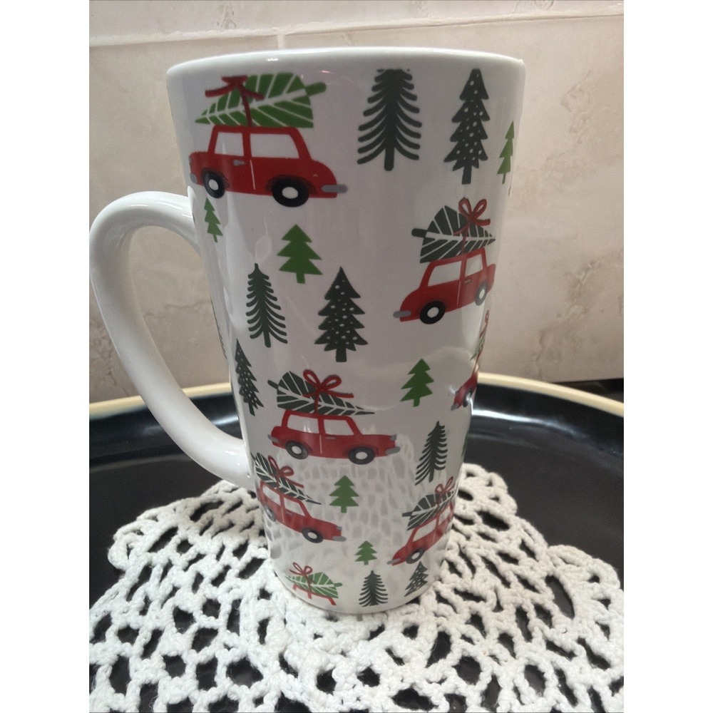 SCM Home Red Car With Christmas Trees Stoneware Tall Holiday Mug Coffee Cup